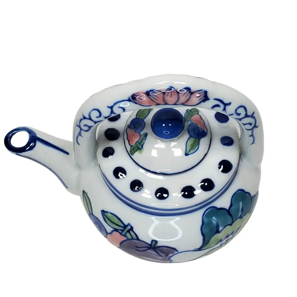 Vtg Blue & White Tea Pot Vegetables Handpainted 5 in Tall Made in China